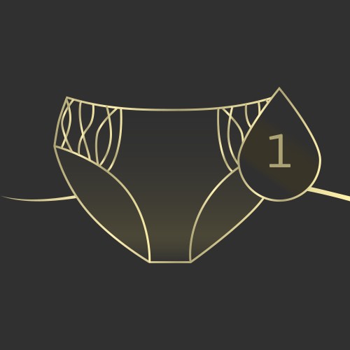 An illustration of a pair of TENA Stylish washable underwear with a drop on top holding a 1, illustrating the level of protection.   An illustration of a pair of TENA Stylish washable underwear with a drop on top holding a 1, illustrating the level of protection.